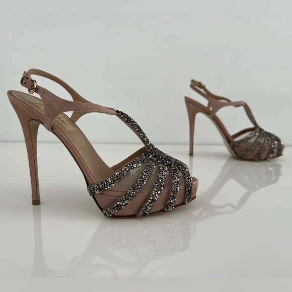 VALENTINO DUSTY PINK MAUVE TONE PLATFORM CRYSTAL SANDALS SIZE IT 37.5 / US 7.5 - Picture 10 of 17